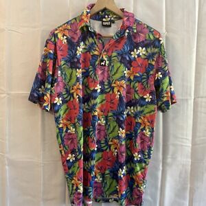 Lofty Llama Golf Polo Mens M All Over Print Flowers Bright Performance Stretch